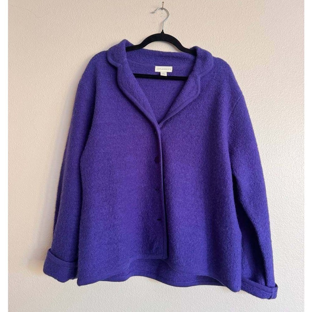 Appleseed's Purple Boiled Wool Cardigan Jacket XL Vintage Notched Collar Preppy